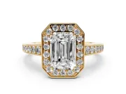 Emerald Cut Diamond Halo Pavé Engagement Ring Set in Yellow gold with Bezel Setting