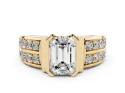 Emerald Cut Half Bezel Engagement Ring Setting | Double Row Channel Band | Yellow Gold