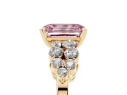 Fancy Pink Emerald Cut Diamond Cluster Engagement Ring Set in Yellow gold with Pavé Band and Prong Setting