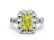 Emerald Cut Floral Engagement Ring Setting for a Fancy Yellow Lab-Grown Diamond | Petal Frame and Side Stones | Platinum