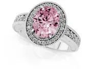 Fancy Pink Oval Cut Diamond Halo Ring Set in White gold with Round Accent Halo, Pavé Band and Prong Setting
