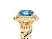 Fancy Blue Princess Cut Diamond Halo Ring Set in Yellow gold with Scrollwork Band and Prong Setting