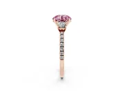 Fancy Pink Round Cut Diamond Three-Stone Ring Set in Rose gold with Pavé Band and Graduated Sides