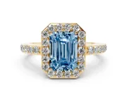 Fancy Blue Emerald Cut Diamond Halo Ring Set in Yellow gold with Pavé-Setting Band and Open Prong Center