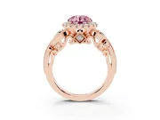 Fancy Pink Round Cut Diamond Halo Ring Set in Rose gold with Milgrain Pavé Band and Prong Setting
