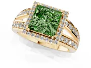 Princess Cut Halo Engagement Ring Setting for a Fancy Green Lab-Grown Diamond | Two-Row Pave Split Shank | Yellow Gold