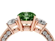 Fancy Green Cushion Cut Diamond Three-Stone Ring Set in Rose gold with Round Side Stones and Pavé Band