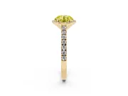 Fancy Yellow Round Cut Diamond Halo Engagement Ring Set in Yellow gold with Pavé Band and Prong Setting
