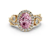Fancy Pink Oval Cut Diamond Halo Ring Set in Yellow gold with Milgrain Pavé Band and Prong Setting