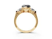 Fancy Black Heart Cut Diamond Three-Stone Ring Set in Yellow gold with Milgrain Band