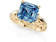 Fancy Blue Asscher Cut Diamond Filigree Halo Engagement Ring Set in Yellow gold with Prong Setting