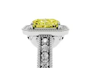 Fancy Yellow Radiant Cut Diamond Halo Ring Set in White gold with Round Accent Halo, Pavé Band and Prong Setting