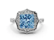 Princess Cut Vintage Scalloped Halo Engagement Ring Setting for a Fancy Blue Lab-Grown Diamond | Pave Band | White Gold