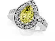 Fancy Yellow Pear Cut Diamond Halo Ring Set in White gold with Round Accent Halo, Pavé Band and Prong Setting