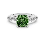 Fancy Green Cushion Cut Diamond Solitaire Vine Band Ring Set in Platinum with Round Accents and Prong Setting