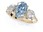 Oval Three Stone Engagement Ring Setting for a Fancy Blue Lab-Grown Diamond | Tapered Pave Band | Yellow Gold