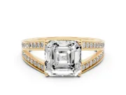 Asscher Cut Split Shank Pavé Engagement Ring Setting | Engraved Leaf Sides | Yellow Gold