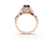 Fancy Black Cushion Cut Diamond Leaf-Inspired Engagement Ring Set in Rose gold with Round Accents