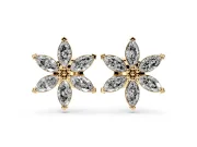 Marquise Lab-Grown Diamond Six Petal Flower Stud Earrings | Beaded Middle | Yellow Gold