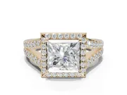 Princess Cut Halo Pavé Engagement Ring Setting | Narrow Split Shank | Yellow Gold