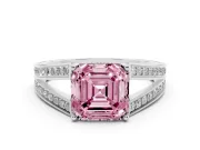 Fancy Pink Asscher Cut Diamond Split Shank Ring Set in Silver with Pavé Band and Prong Setting