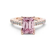 Fancy Pink Emerald Cut Diamond Solitaire Ring Set in Rose gold with Brilliant Pavé Band and Prong Setting