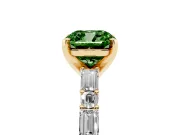 Fancy Green Cushion Cut Diamond Solitaire Set in Yellow gold with Side Baguettes and Channel Set Band