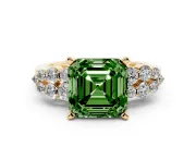 Asscher Cut Side Stone Engagement Ring Setting for a Fancy Green Lab-Grown Diamond | Shoulder Clusters | Yellow Gold