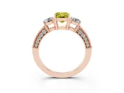 Fancy Yellow Emerald Cut Diamond Three-Stone Ring Set in Rose gold with Round Side Stones and Pavé Band