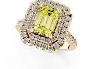 Fancy Yellow Emerald Cut Diamond Double Halo Statement Ring Set in Yellow gold with Pavé Band