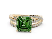 Fancy Green Asscher Cut Diamond Solitaire Twist Band Ring Set in Yellow gold with Pavé Setting and Prong Head
