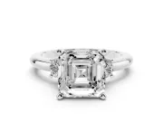 Three-Stone Asscher Cut Diamond Ring Set in Platinum with Prong Setting and Plain Band