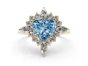 Fancy Blue Heart Cut Diamond Cluster Halo Ring Set in Yellow gold with Marquise and Round Accents