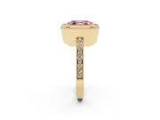 Fancy Pink Asscher Cut Diamond Halo Ring Set in Yellow gold with Pavé Band and Milgrain-Edged Prongs
