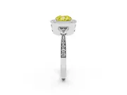 Fancy Yellow Cushion Cut Diamond Halo Engagement Ring Set in White gold with Milgrain Pavé Band