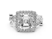 Asscher Cut Vintage Leaf Halo Engagement Ring Setting | Graduated Vine Shank | White Gold