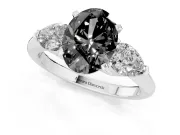 Fancy Black Three-Stone Oval Cut Diamond Ring Set in Silver with Pear Side Stones and Prong Setting