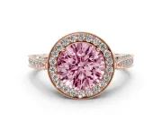Round Milgrain Halo Engagement Ring Setting for a Fancy Pink Lab-Grown Diamond | Side Stones | Rose Gold