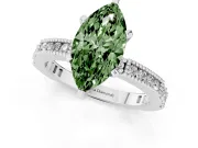 Fancy Green Marquise Cut Diamond Solitaire Ring Set in White gold with Slim Pavé Band and Prong Setting