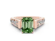 Fancy Green Emerald Cut Diamond Classic Solitaire Ring Set in Rose gold with Pavé Band and Prong Setting