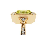 Fancy Yellow Emerald Cut Diamond Halo Engagement Ring Set in Yellow gold with Milgrain Pavé Band