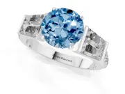 Fancy Blue Round Cut Diamond Engagement Ring Set in White gold with Baguette Side Stones and Channel Set Band