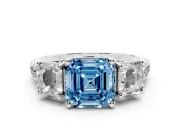 Asscher Cut Three Stone Engagement Ring Setting for a Fancy Blue Lab-Grown Diamond | Accented Shoulders | Platinum