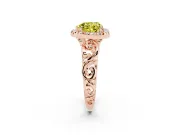 Fancy Yellow Heart Cut Diamond Halo Ring Set in Rose gold with Scrollwork Band and Prong Setting