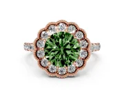 Fancy Green Round Cut Diamond Milgrain Floral Halo Engagement Ring Set in Rose gold with Pavé Band