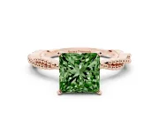 Fancy Green Princess Cut Diamond Solitaire Ring Set in Rose gold with Twisted Band and Bead Prong Setting