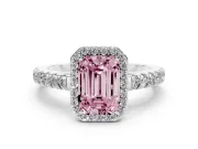 Fancy Pink Emerald Cut Diamond Halo Engagement Ring Set in Silver with Pavé Band and Prong Setting