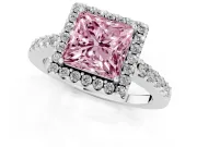 Fancy Pink Princess Cut Diamond Halo Pavé Solitaire Ring Set in Platinum with Prong-Set Center Stone