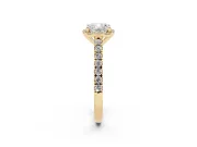 Cushion Cut Diamond Halo Engagement Ring Set in Yellow gold with Pavé Band and Prong Setting