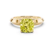Fancy Yellow Cushion Cut Diamond Solitaire Engagement Ring Set in Yellow gold with Flat Band and Prong Setting